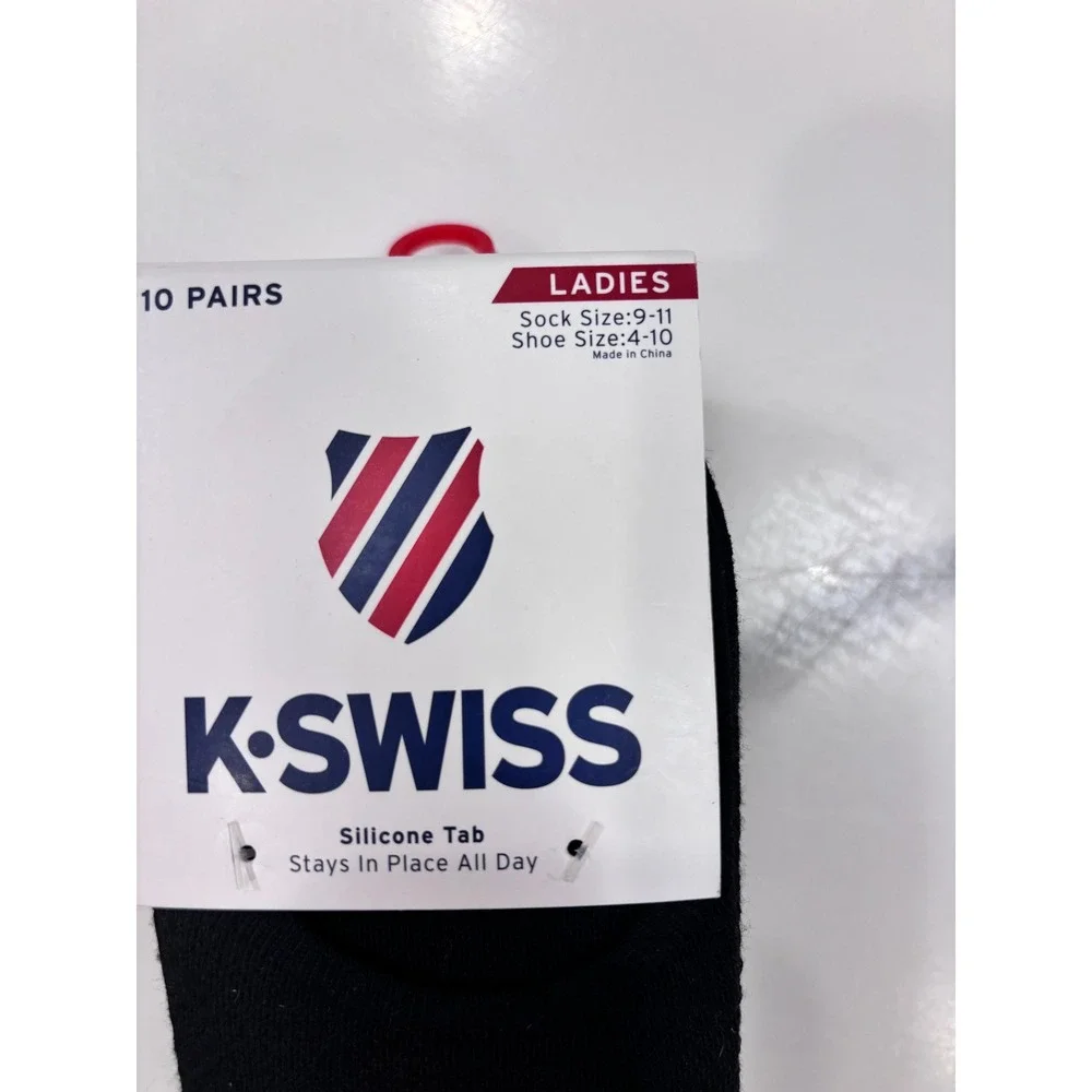 K-Swiss Ladies No Show Liner Socks 10 Pairs Black Silicone Tab Size 4-10